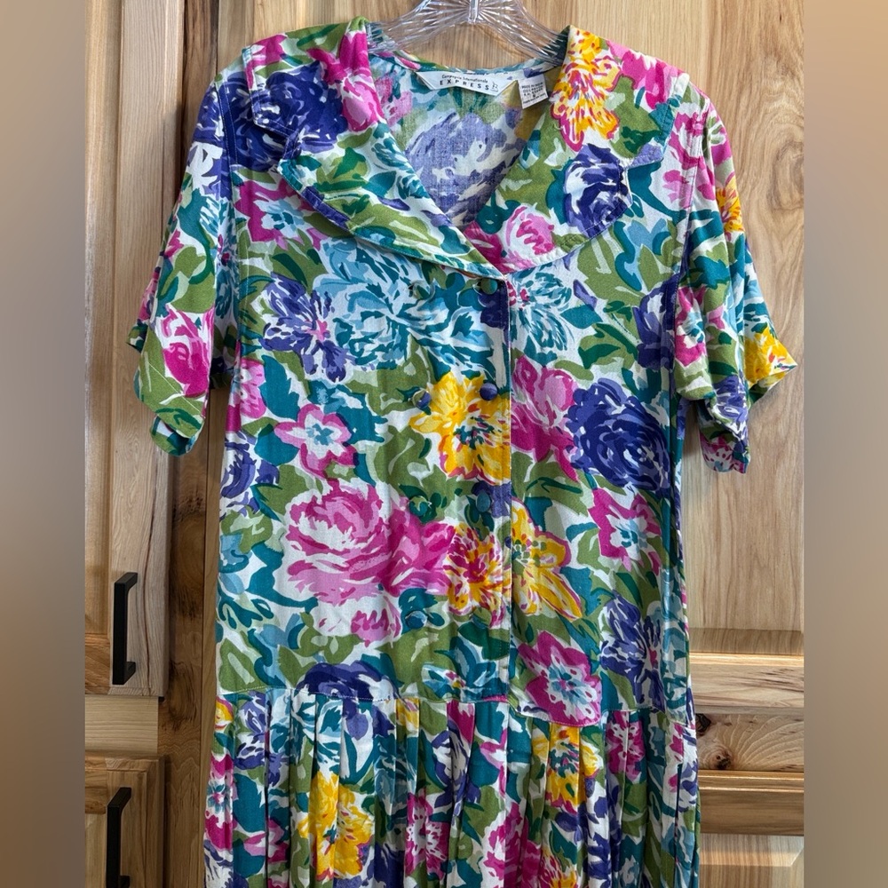 Darling! Vintage Express Vibrant Floral Drop Waist Double Button Midi Dress Sz S - Picture 2 of 11